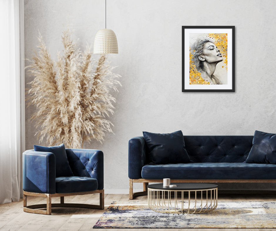 Black framed poster with mat showcasing a serene watercolor portrait of a woman's face with golden floral accents. Elegant and inspirational wall art for home decor.