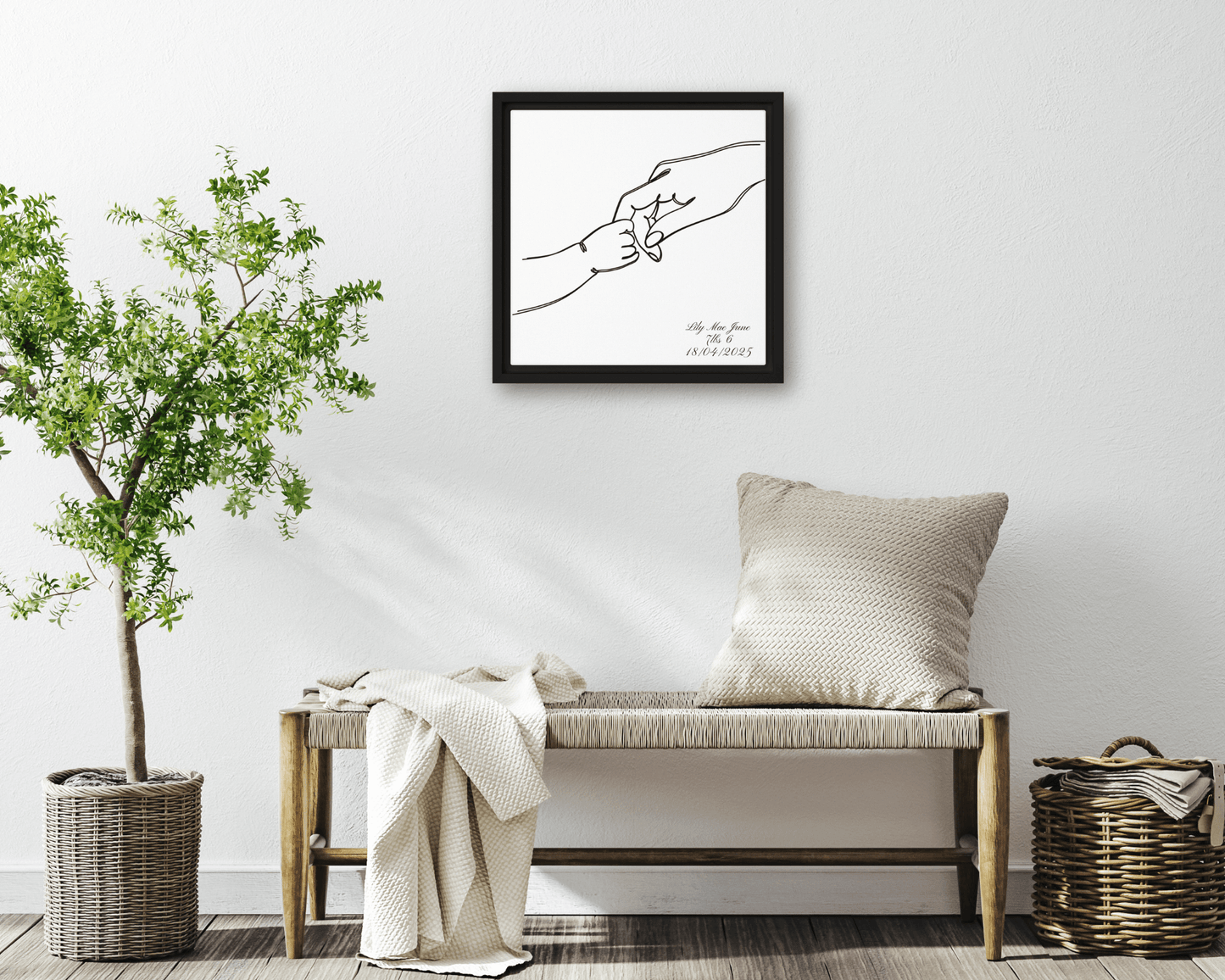 Black framed "{{product-type}}" with a personalised line art drawing of a mother's hand holding a baby's hand. The "{{title}}" design is a perfect new mum gift.