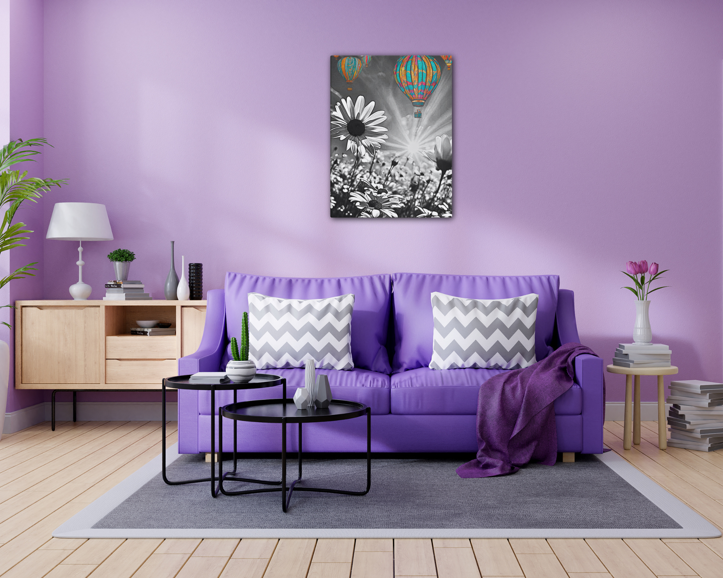 Vibrant colorful hot air balloons floating over a black and white daisy field. Unique contrast photography art print for modern and eclectic home decor.