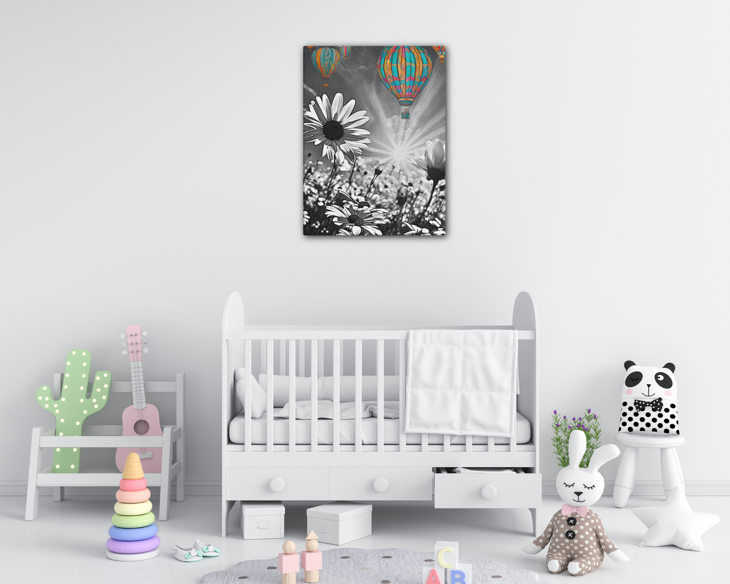 Vibrant colorful hot air balloons floating over a black and white daisy field. Unique contrast photography art print for modern and eclectic home decor.