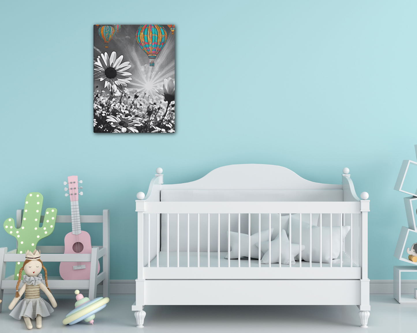 Vibrant colorful hot air balloons floating over a black and white daisy field. Unique contrast photography art print for modern and eclectic home decor.