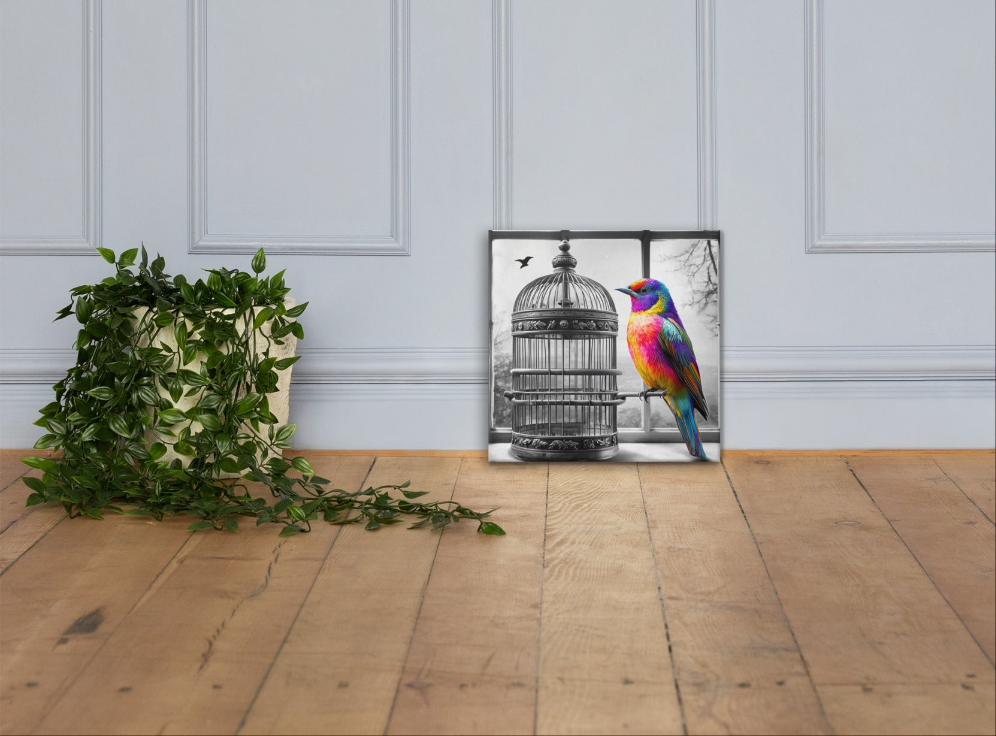 Square canvas print featuring a vibrant rainbow-colored bird with a black and white background of a birdcage. Symbolic and striking wall art for a modern living space.