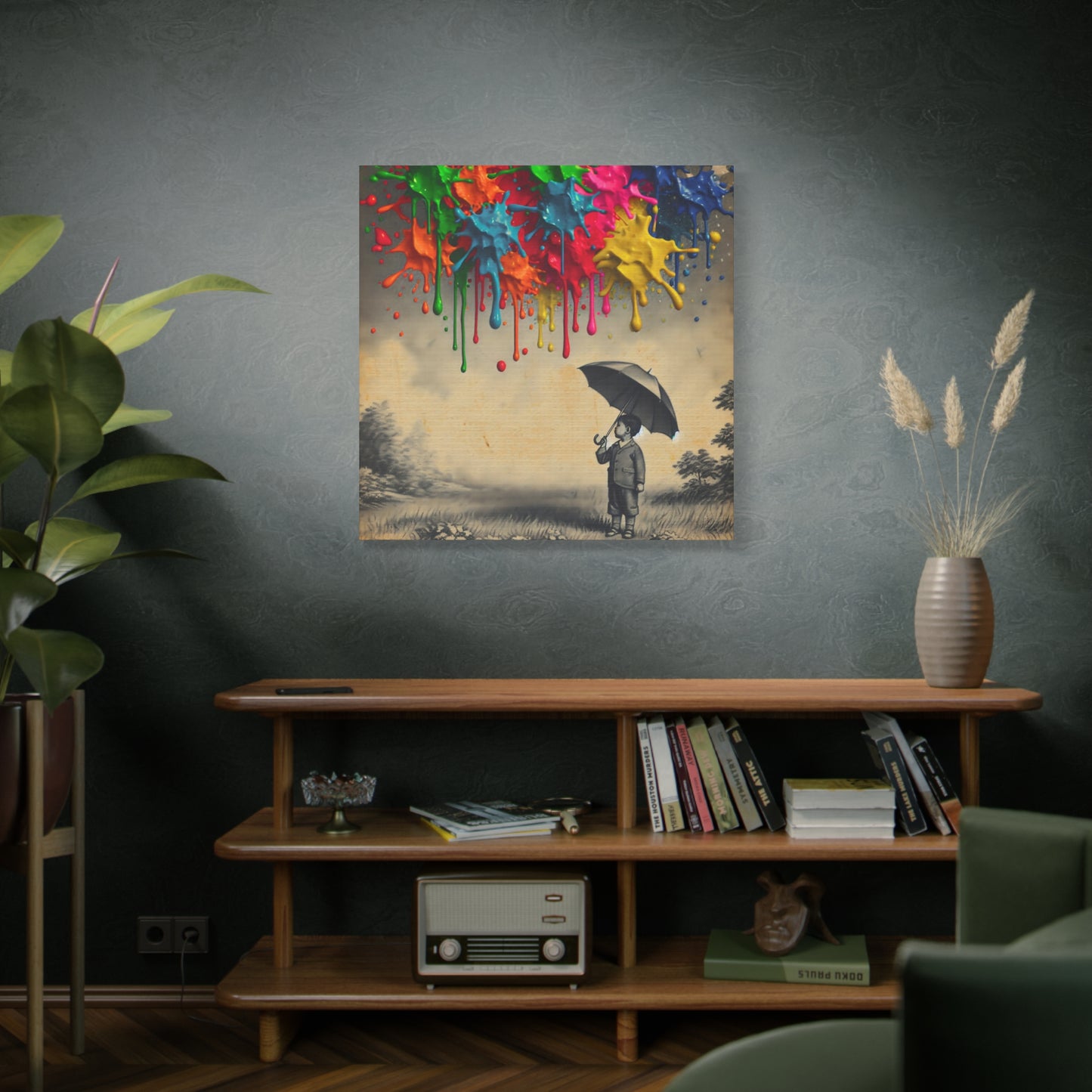 Canvas art titled 'Colorful Imagination,' featuring a child holding an umbrella surrounded by vibrant paint splashes, perfect for playful and creative home decor.