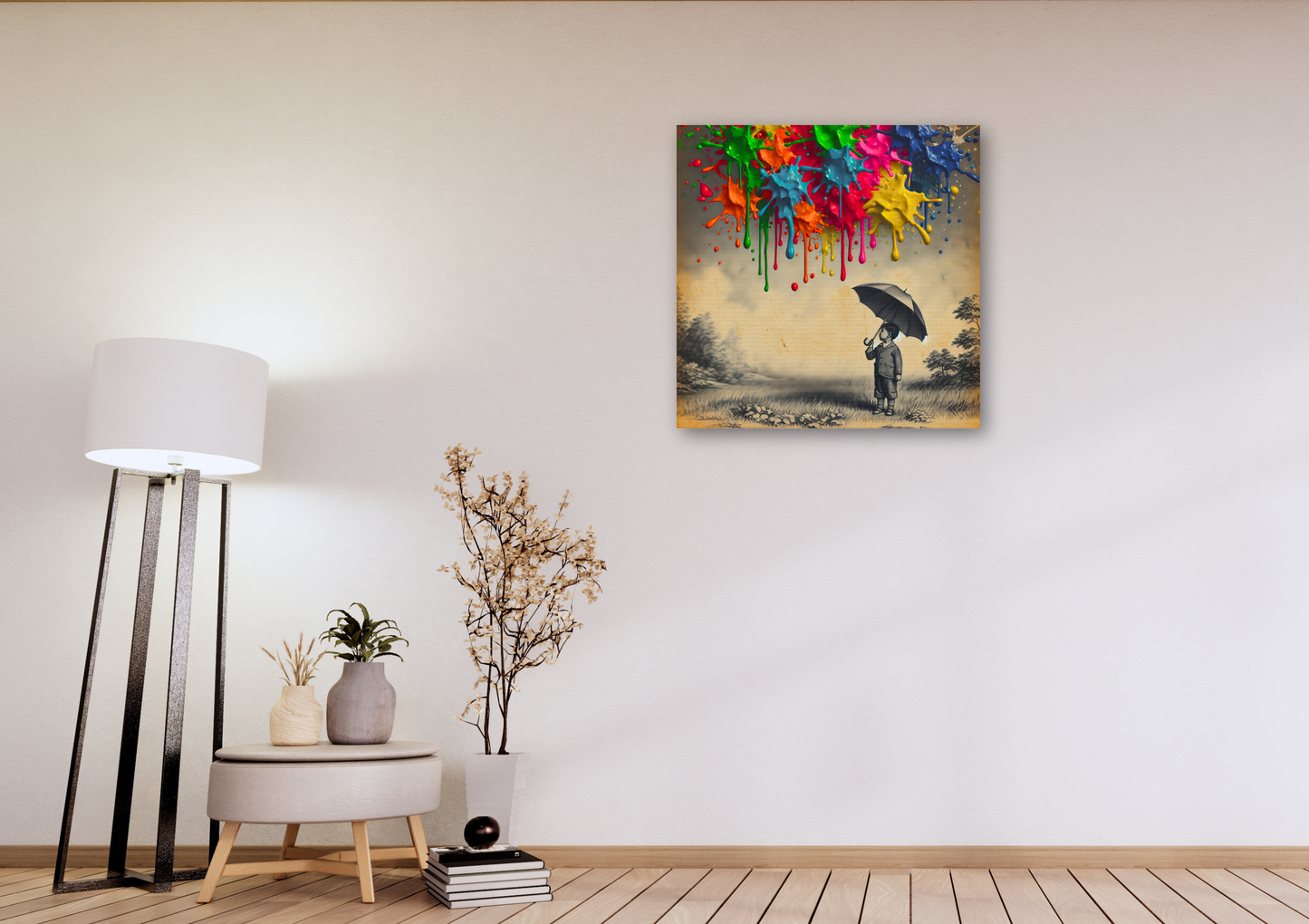 Canvas art titled 'Colorful Imagination,' featuring a child holding an umbrella surrounded by vibrant paint splashes, perfect for playful and creative home decor.