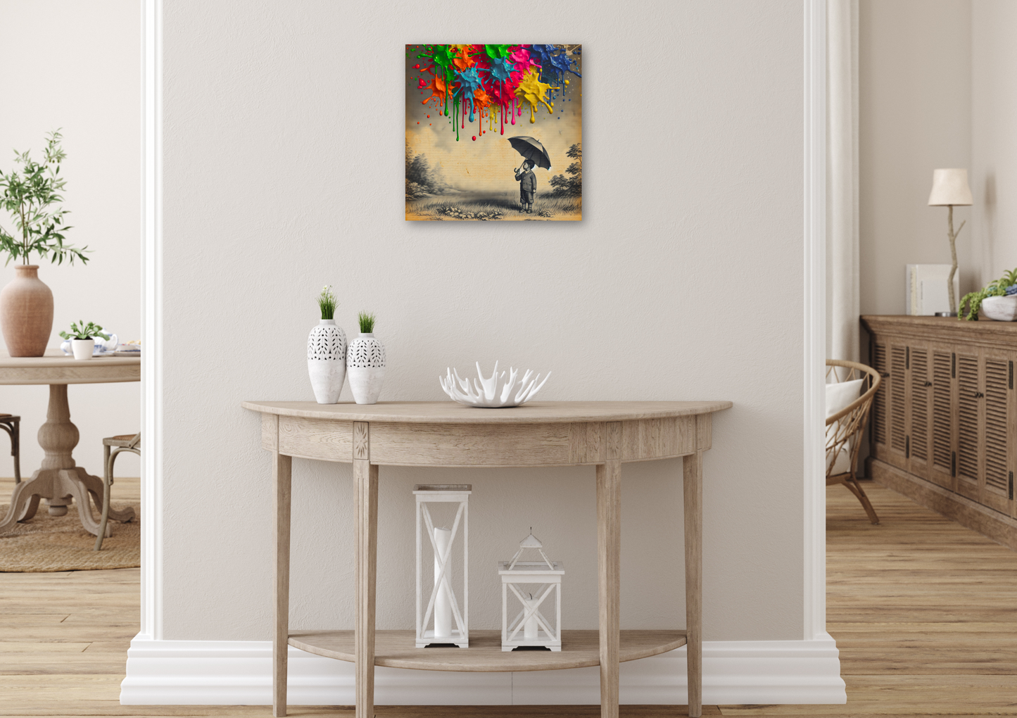 Canvas art titled 'Colorful Imagination,' featuring a child holding an umbrella surrounded by vibrant paint splashes, perfect for playful and creative home decor.