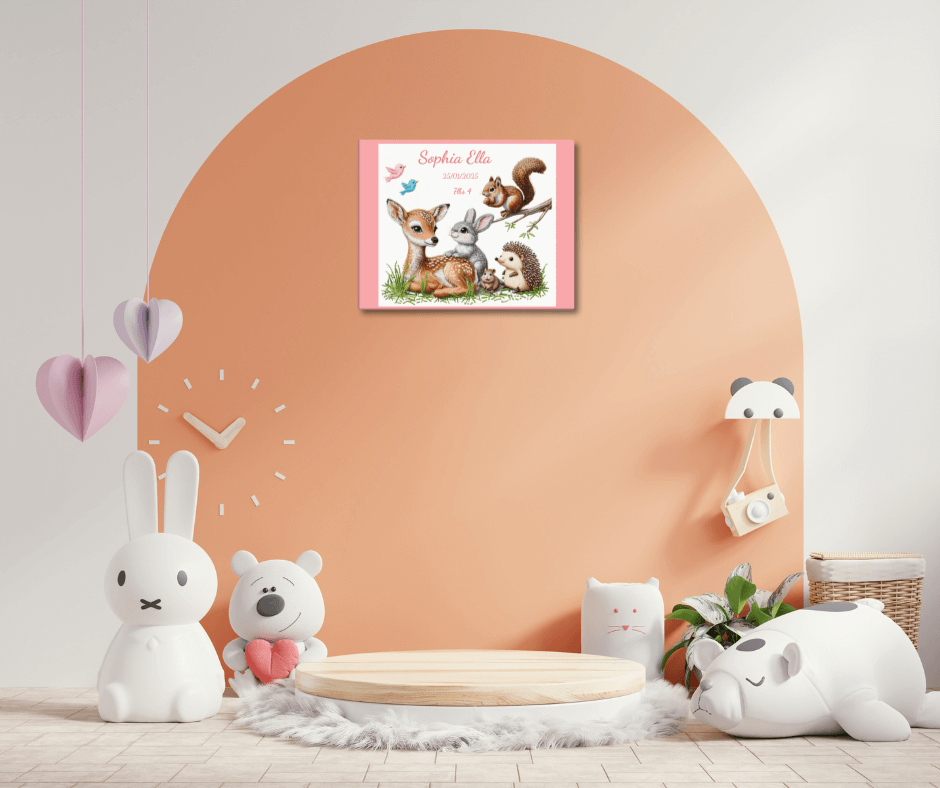 Personalized baby birth announcement canvas featuring custom name, date of birth, and weight, with a choice of border color, perfect for nursery decor or a heartfelt gift.
