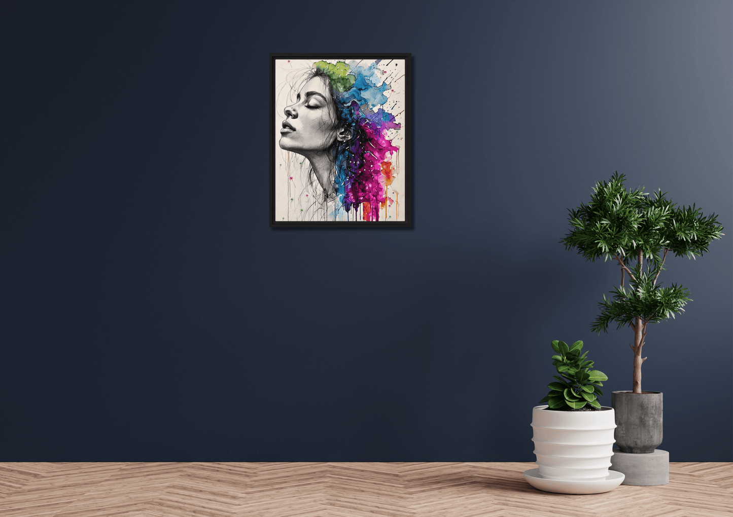 Black framed "{{product-type}}" featuring a woman's portrait with one half as a black and white sketch and the other half as an explosion of vibrant watercolour. The "{{title}}" design is a powerful piece of emotional art.