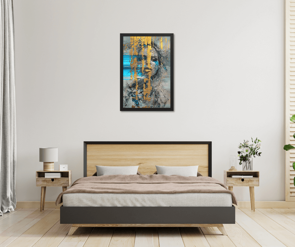 Black framed "{{product-type}}" with a person holding a vibrant rainbow umbrella on a black and white rainy street. The "{{title}}" design is a powerful symbol of hope and resilience.