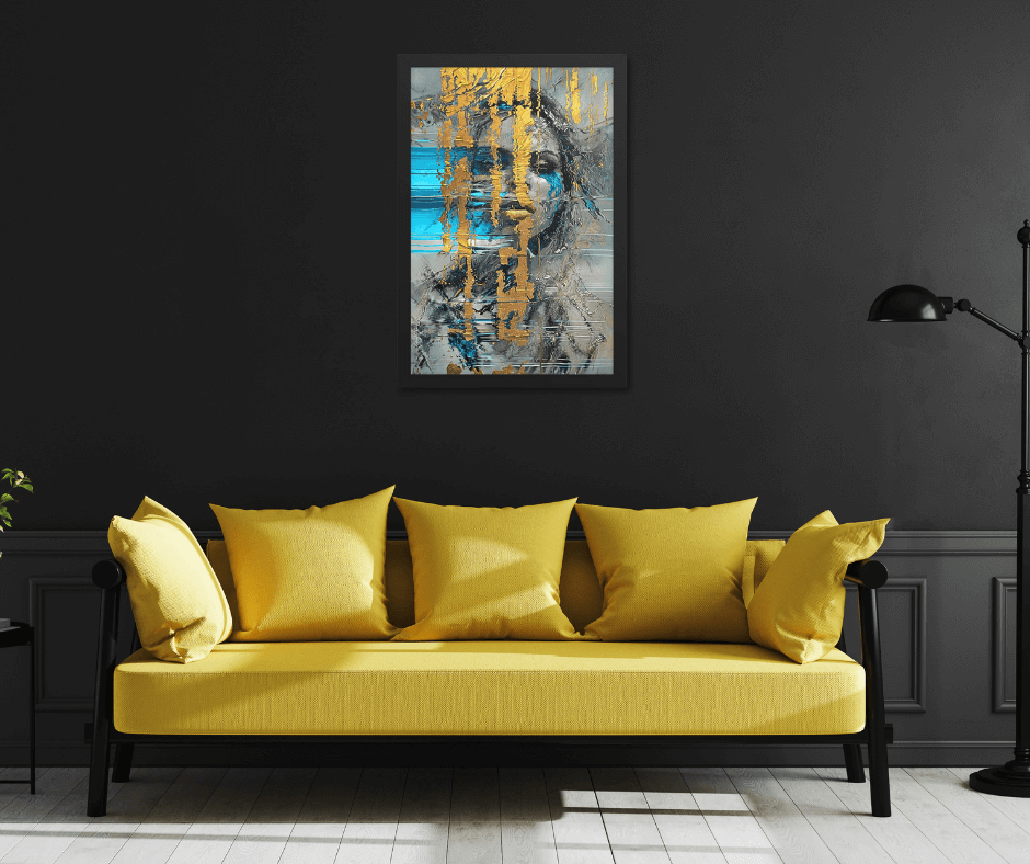 Black framed "{{product-type}}" with a person holding a vibrant rainbow umbrella on a black and white rainy street. The "{{title}}" design is a powerful symbol of hope and resilience.