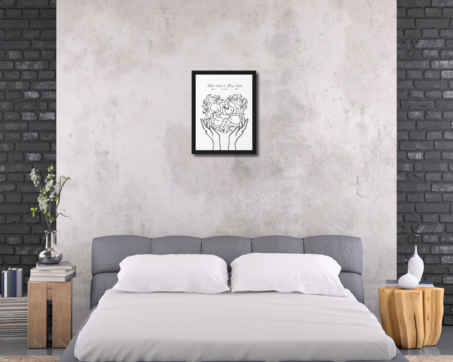 "Personalized Twins" Custom Line Art Print | Twin Baby Names & Birth Details Canvas Art