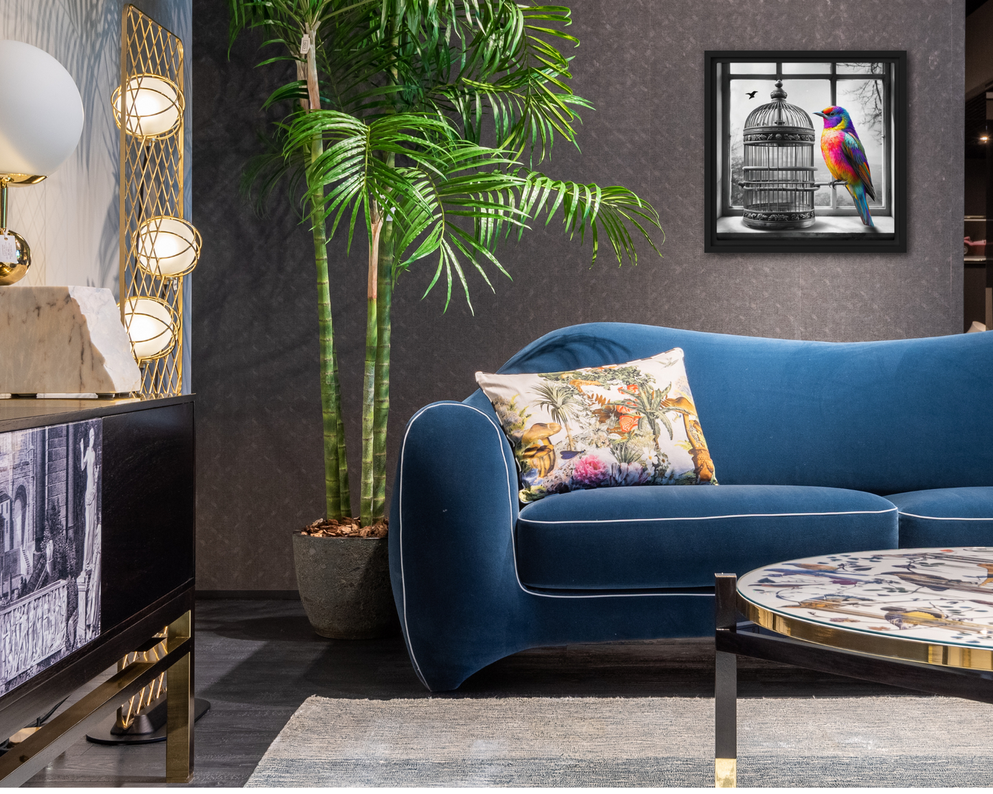 Framed canvas art print featuring a colorful rainbow bird next to a black and white birdcage. Symbolic wall decor for modern and unique home spaces.