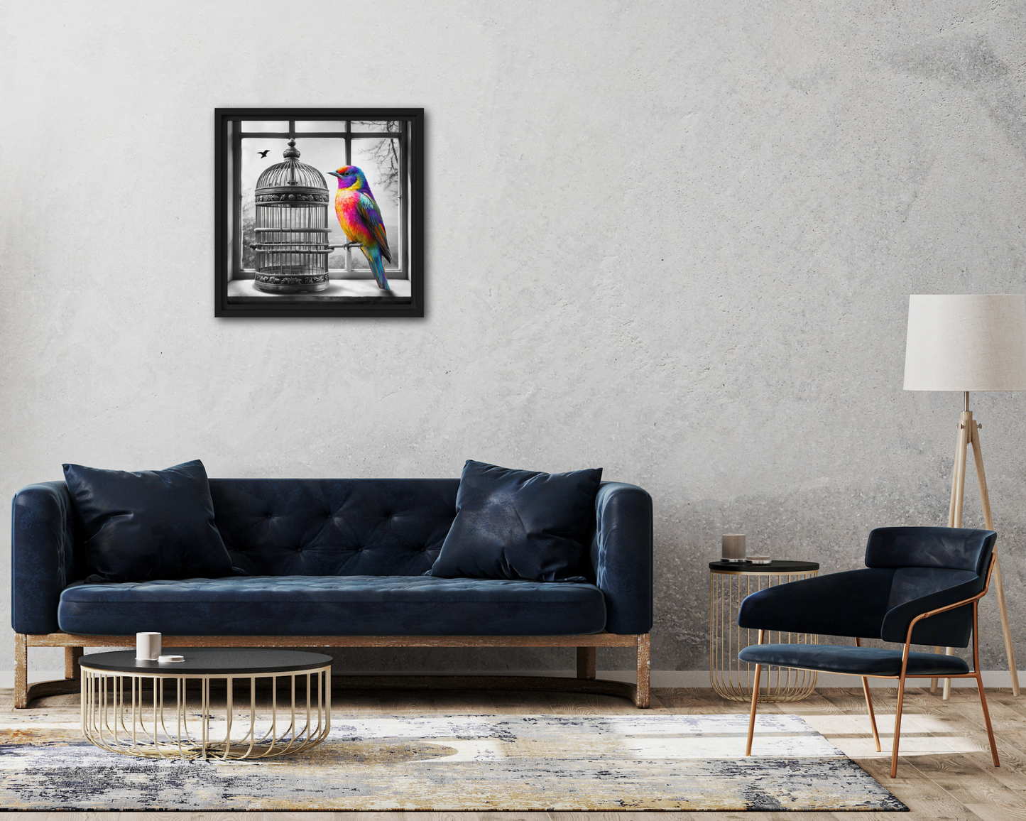 Framed canvas art print featuring a colorful rainbow bird next to a black and white birdcage. Symbolic wall decor for modern and unique home spaces.