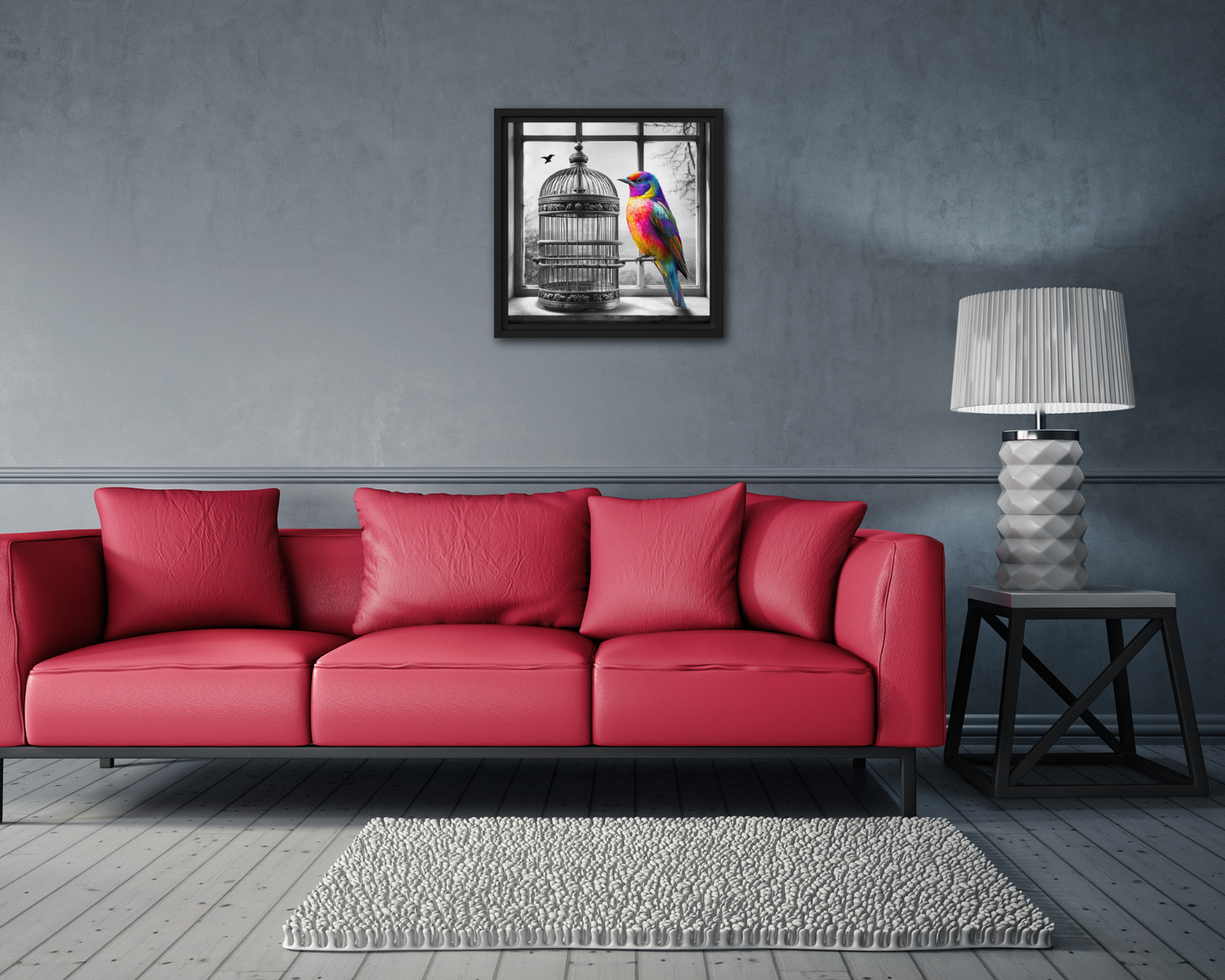 Framed canvas art print featuring a colorful rainbow bird next to a black and white birdcage. Symbolic wall decor for modern and unique home spaces.