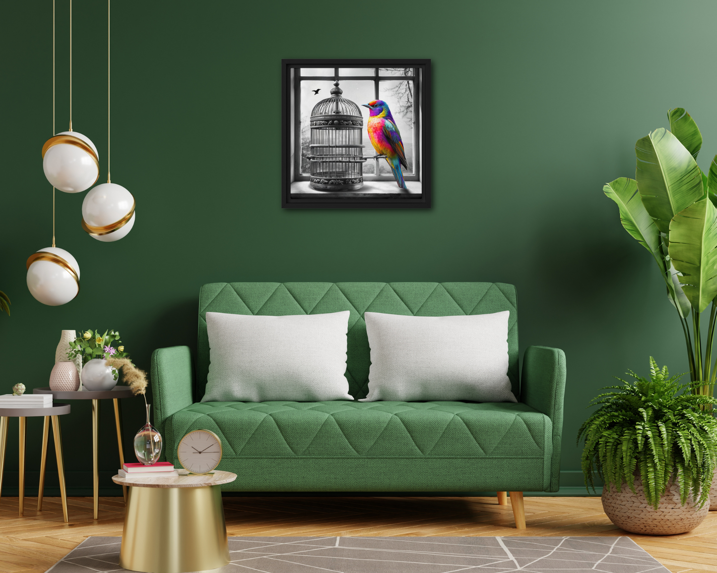 Framed canvas art print featuring a colorful rainbow bird next to a black and white birdcage. Symbolic wall decor for modern and unique home spaces.