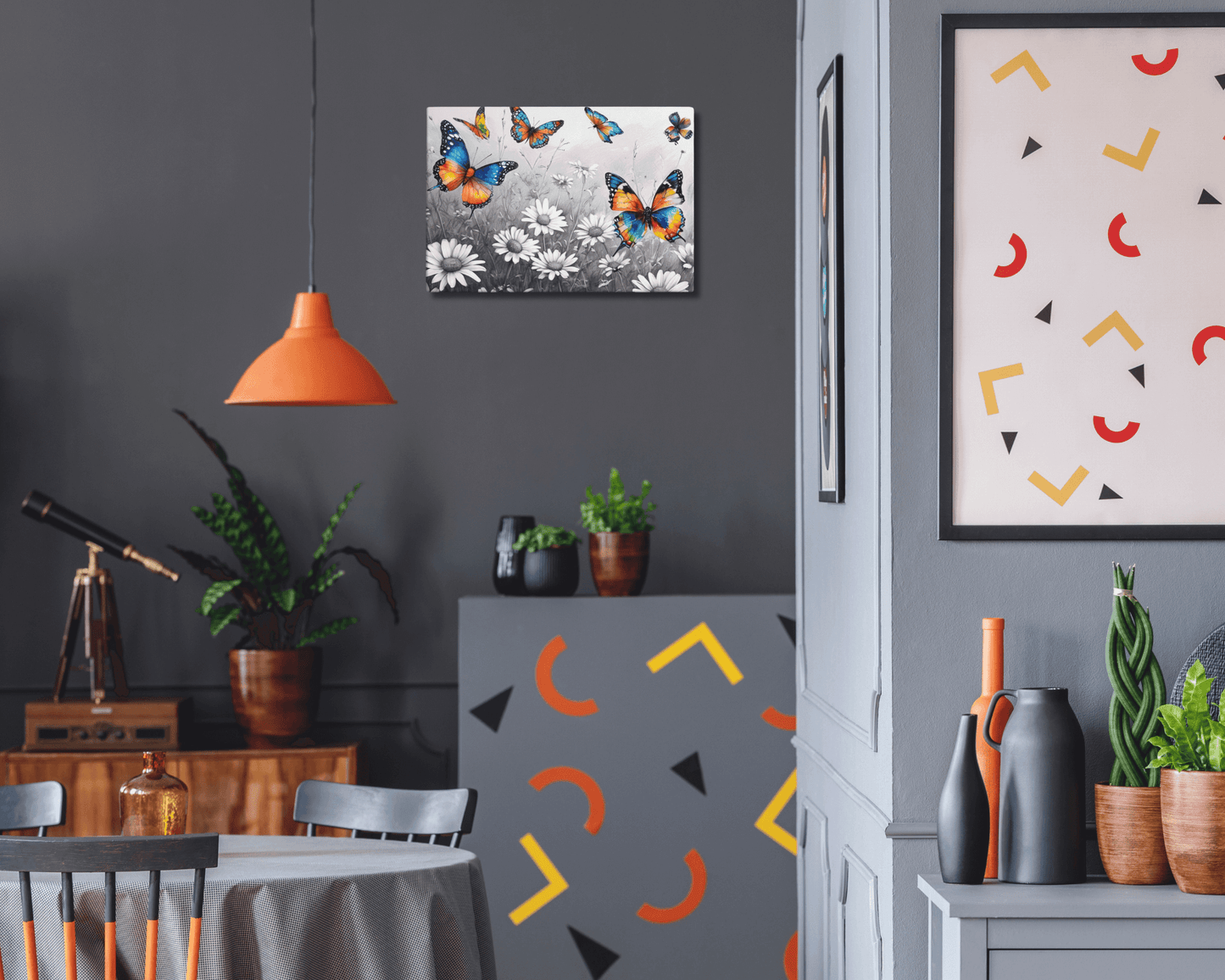 Stretched "{{product-type}}" with vibrant, colourful butterflies flying over a black and white field of daisies. The "{{title}}" design is a beautiful piece of nature-inspired wall art.