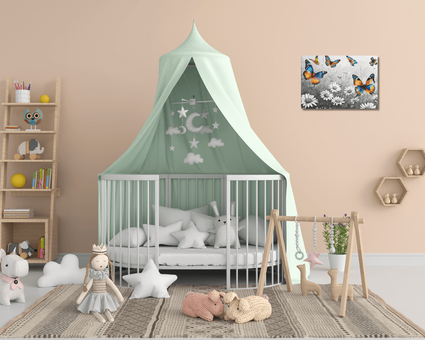 Stretched "{{product-type}}" with vibrant, colourful butterflies flying over a black and white field of daisies. The "{{title}}" design is a beautiful piece of nature-inspired wall art.