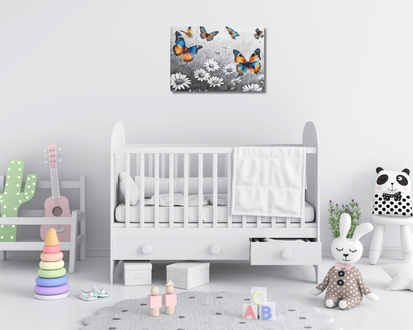 Stretched "{{product-type}}" with vibrant, colourful butterflies flying over a black and white field of daisies. The "{{title}}" design is a beautiful piece of nature-inspired wall art.