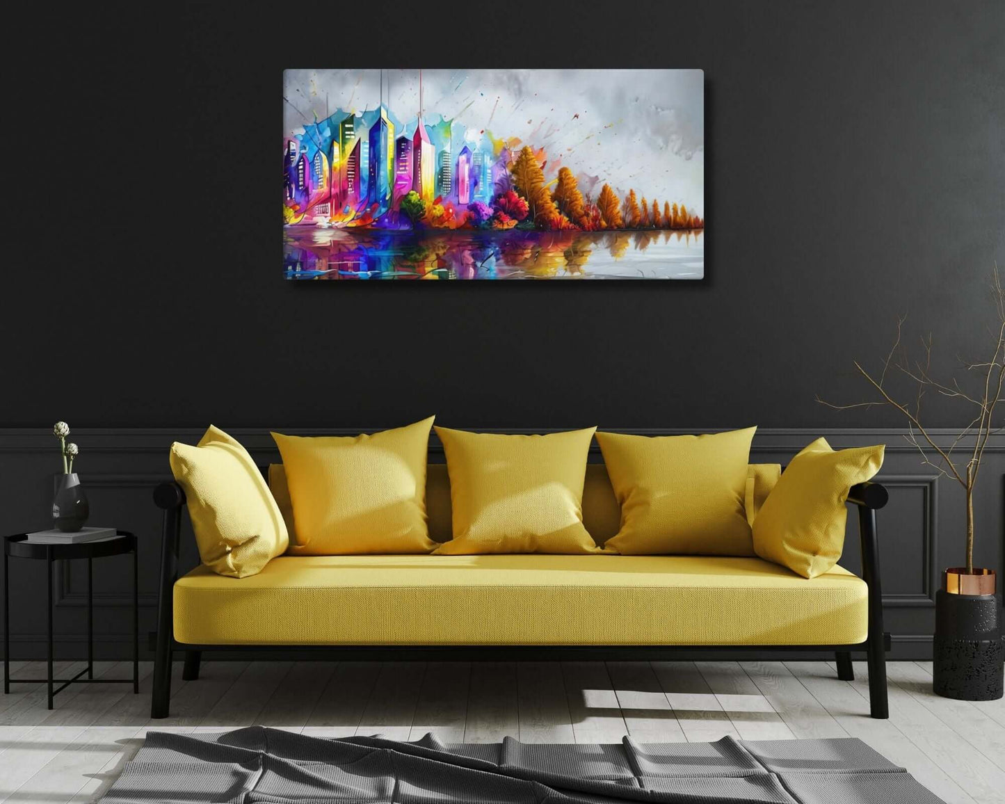 Stretched "{{product-type}}" with a colourful abstract cityscape and autumn trees reflected in water. The "{{title}}" design is a vibrant piece of modern wall art.