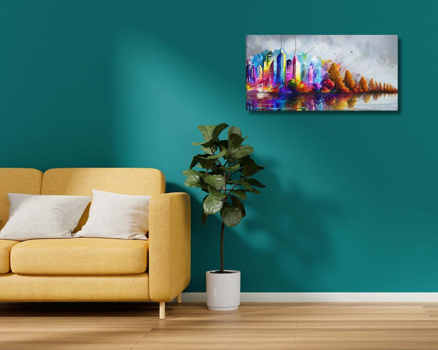 Stretched "{{product-type}}" with a colourful abstract cityscape and autumn trees reflected in water. The "{{title}}" design is a vibrant piece of modern wall art.