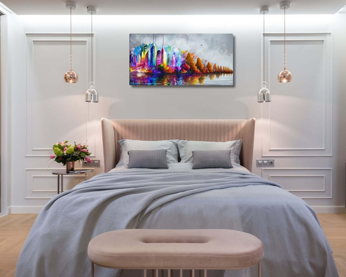 Stretched "{{product-type}}" with a colourful abstract cityscape and autumn trees reflected in water. The "{{title}}" design is a vibrant piece of modern wall art.