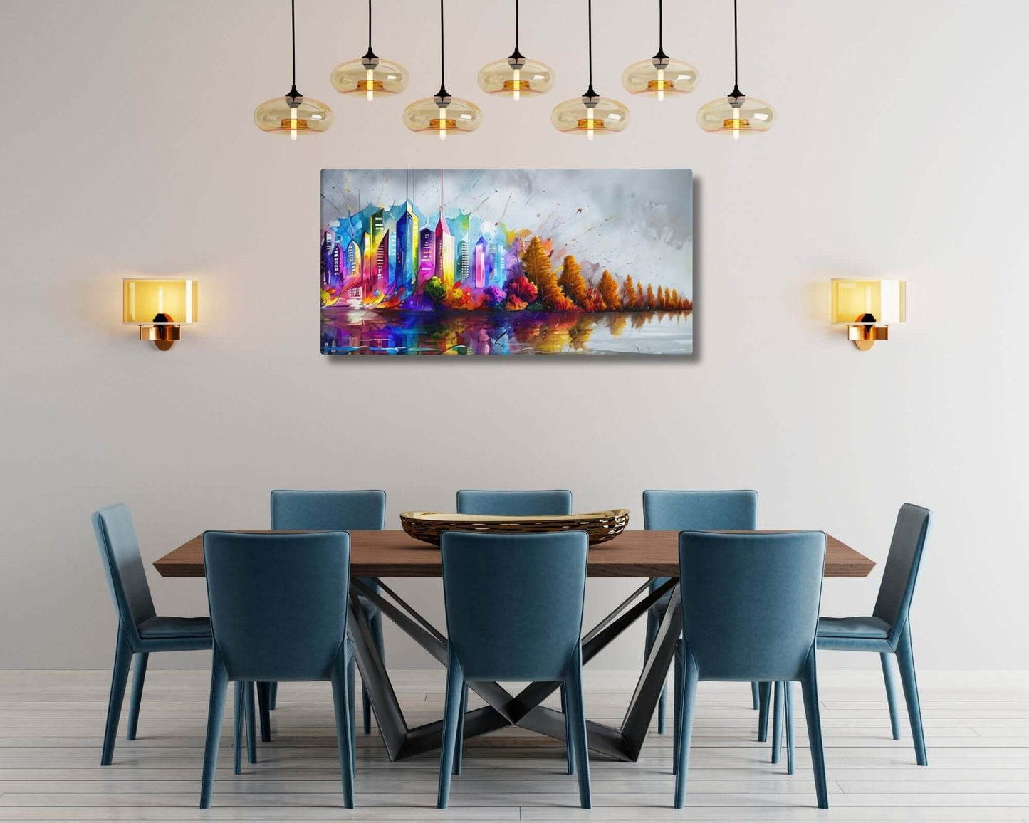 Stretched "{{product-type}}" with a colourful abstract cityscape and autumn trees reflected in water. The "{{title}}" design is a vibrant piece of modern wall art.
