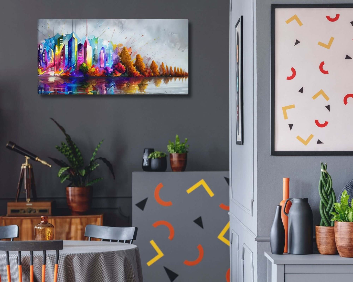 Stretched "{{product-type}}" with a colourful abstract cityscape and autumn trees reflected in water. The "{{title}}" design is a vibrant piece of modern wall art.