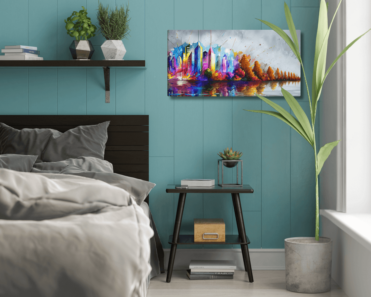 Stretched "{{product-type}}" with a colourful abstract cityscape and autumn trees reflected in water. The "{{title}}" design is a vibrant piece of modern wall art.