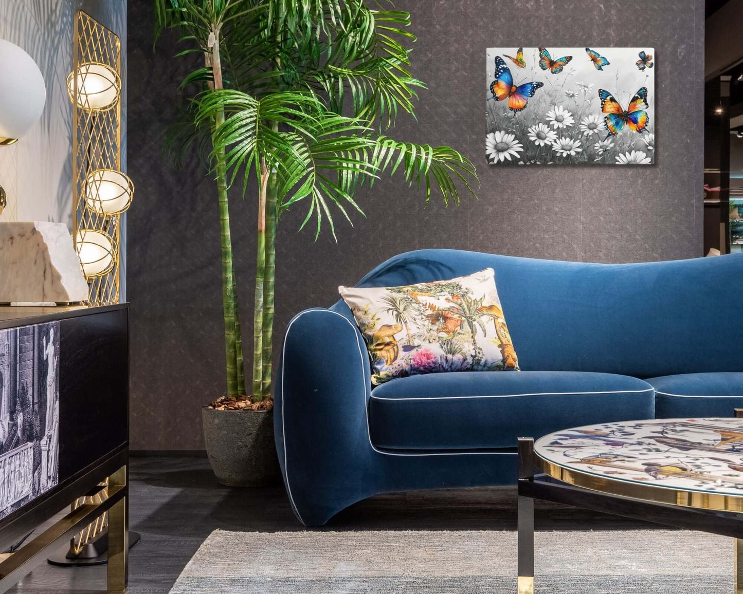 Stretched "{{product-type}}" with vibrant, colourful butterflies flying over a black and white field of daisies. The "{{title}}" design is a beautiful piece of nature-inspired wall art.