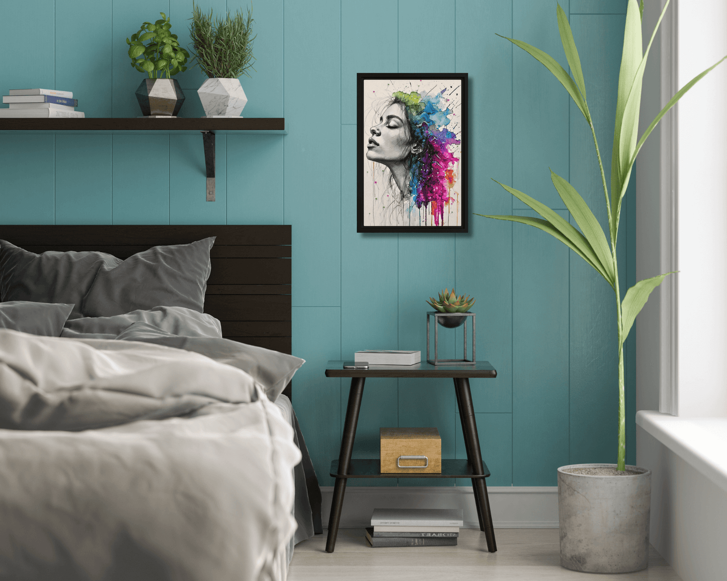 Black framed "{{product-type}}" featuring a woman's portrait with one half as a black and white sketch and the other half as an explosion of vibrant watercolour. The "{{title}}" design is a powerful piece of emotional art.