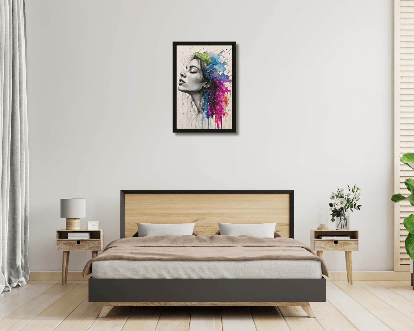 Black framed "{{product-type}}" featuring a woman's portrait with one half as a black and white sketch and the other half as an explosion of vibrant watercolour. The "{{title}}" design is a powerful piece of emotional art.