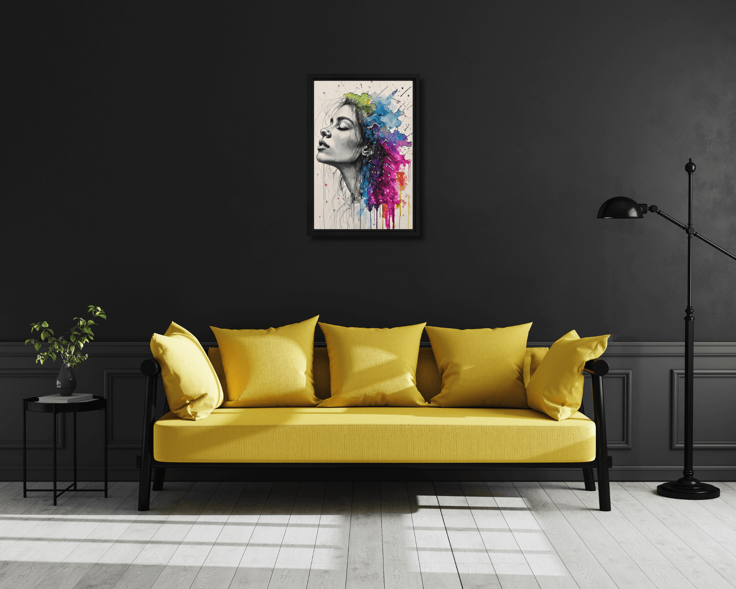 Black framed "{{product-type}}" featuring a woman's portrait with one half as a black and white sketch and the other half as an explosion of vibrant watercolour. The "{{title}}" design is a powerful piece of emotional art.