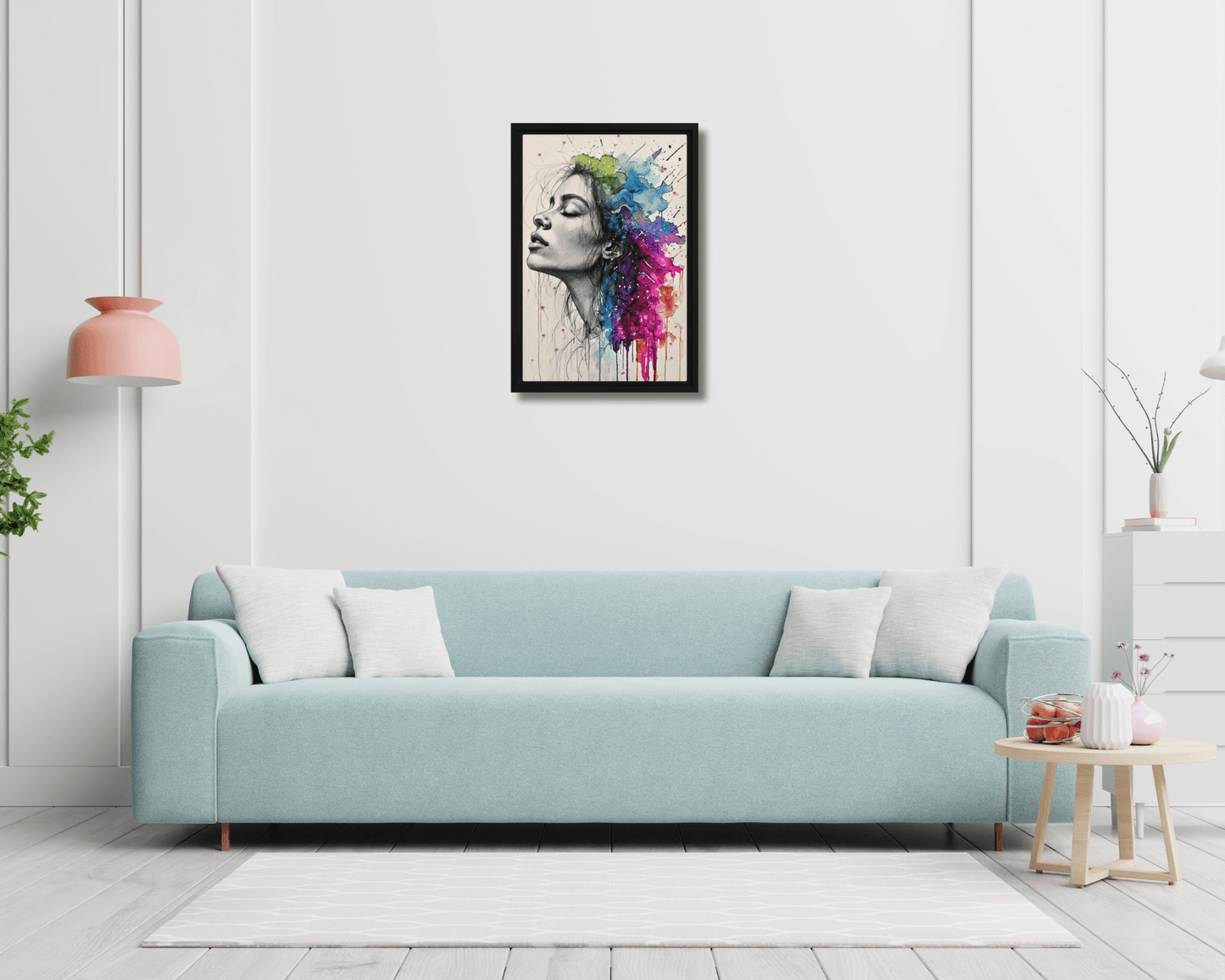 Black framed "{{product-type}}" featuring a woman's portrait with one half as a black and white sketch and the other half as an explosion of vibrant watercolour. The "{{title}}" design is a powerful piece of emotional art.