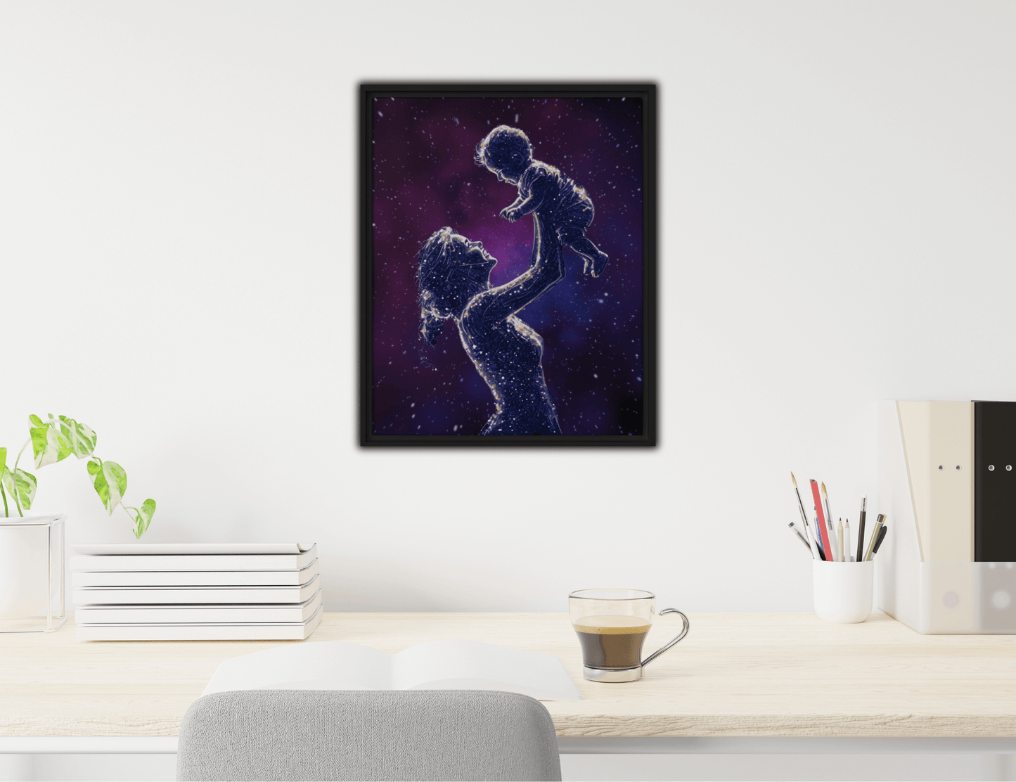 Black framed "{{product-type}}" featuring a mother's hand holding a baby's hand in a continuous line art drawing. The "{{title}}" design is a beautiful and personalised piece of emotional art.