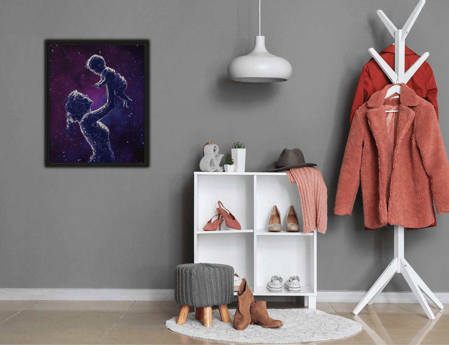 Black framed "{{product-type}}" featuring a mother's hand holding a baby's hand in a continuous line art drawing. The "{{title}}" design is a beautiful and personalised piece of emotional art.