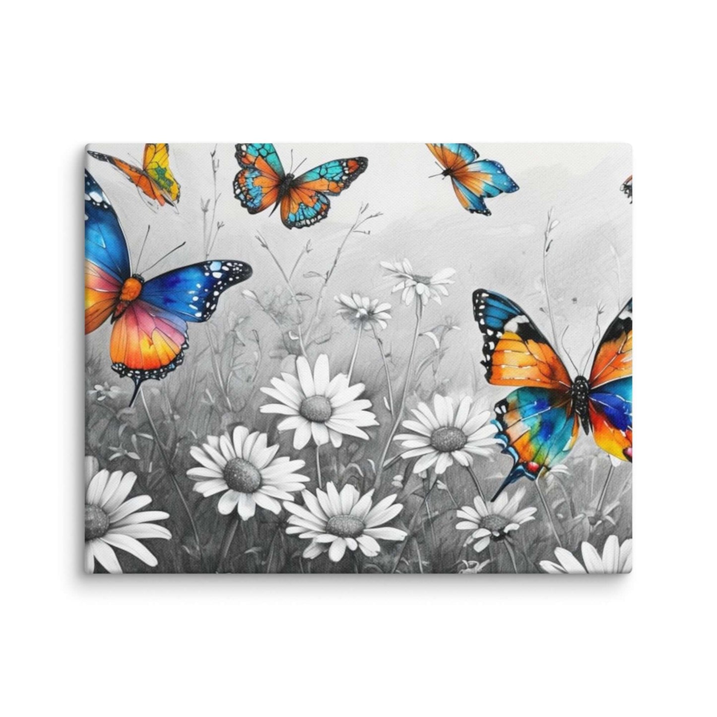 Stretched "{{product-type}}" with vibrant, colourful butterflies flying over a black and white field of daisies. The "{{title}}" design is a beautiful piece of nature-inspired wall art.