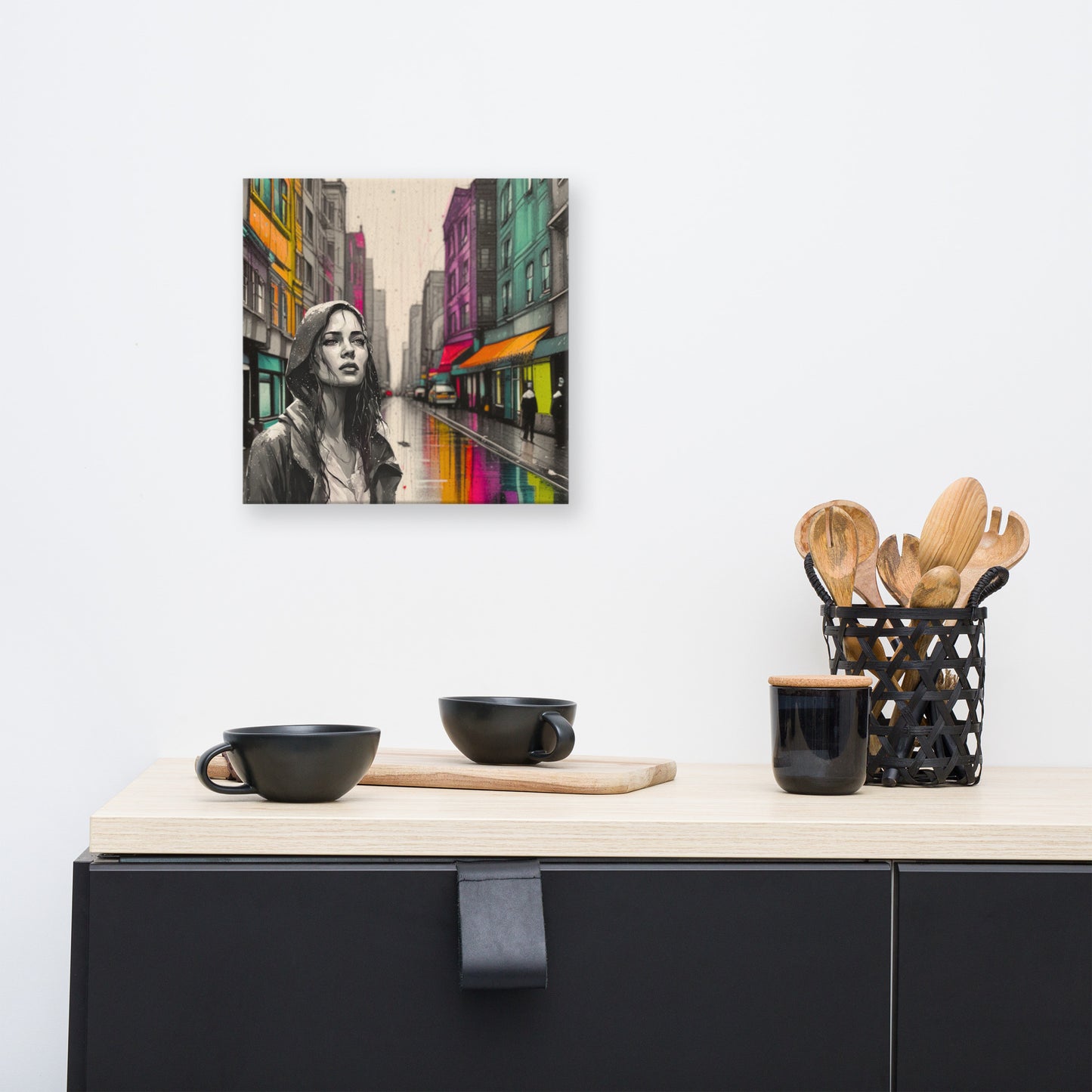 Canvas art titled 'Urban Soul,' featuring a street scene with a woman in a raincoat under city lights, perfect for modern urban and atmospheric home decor.