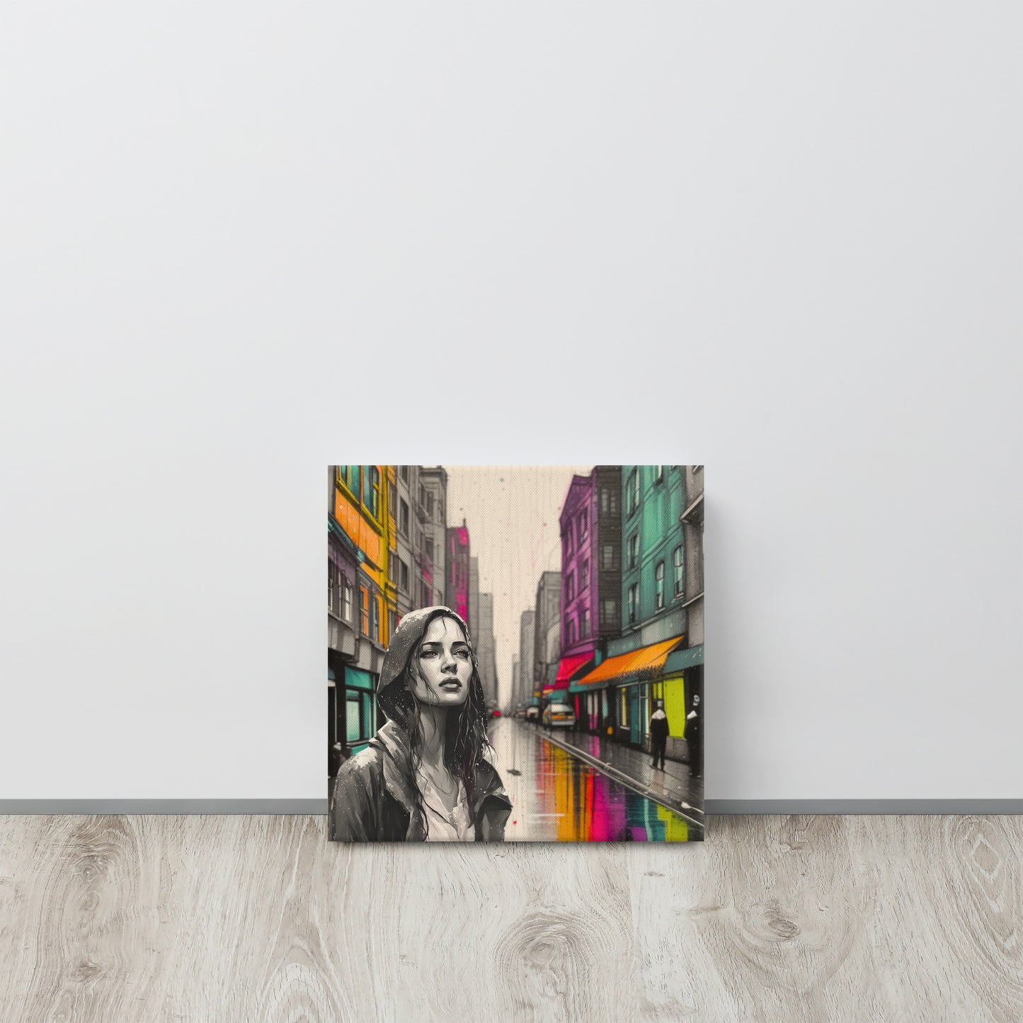 Canvas art titled 'Urban Soul,' featuring a street scene with a woman in a raincoat under city lights, perfect for modern urban and atmospheric home decor.