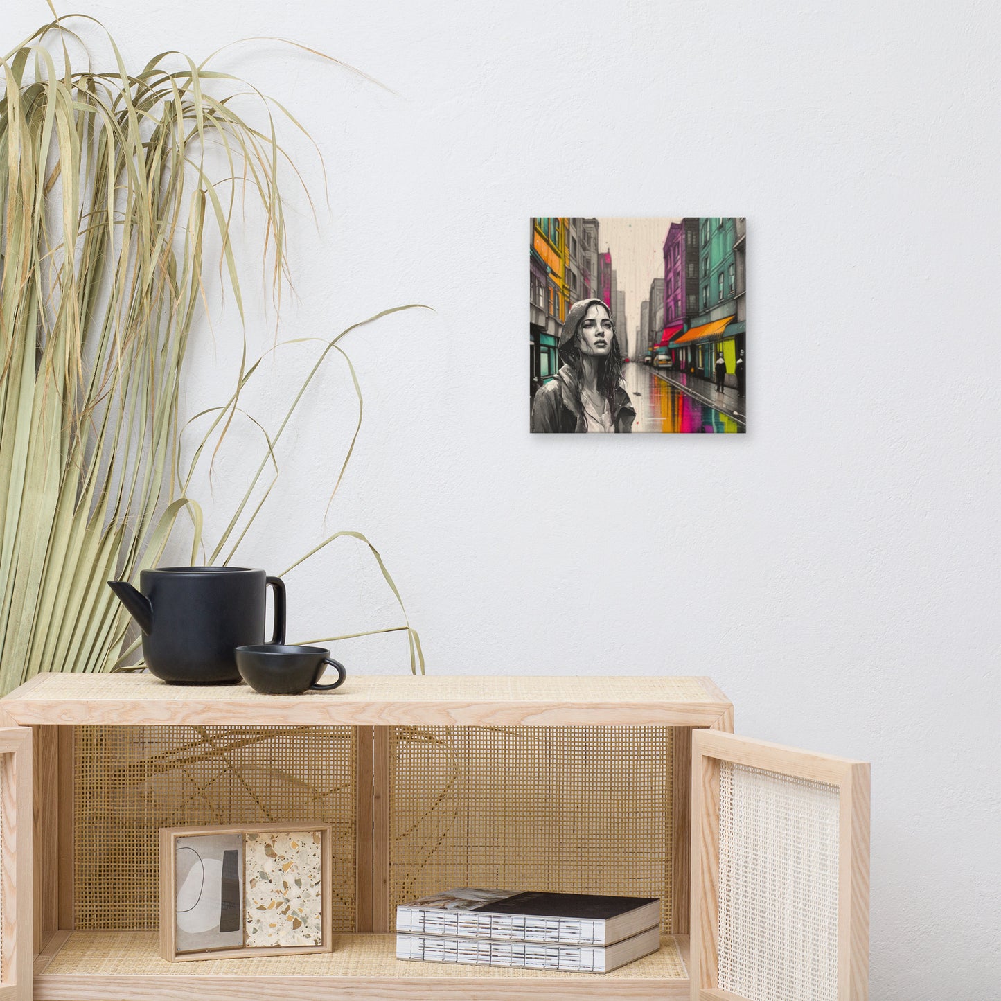 Canvas art titled 'Urban Soul,' featuring a street scene with a woman in a raincoat under city lights, perfect for modern urban and atmospheric home decor.