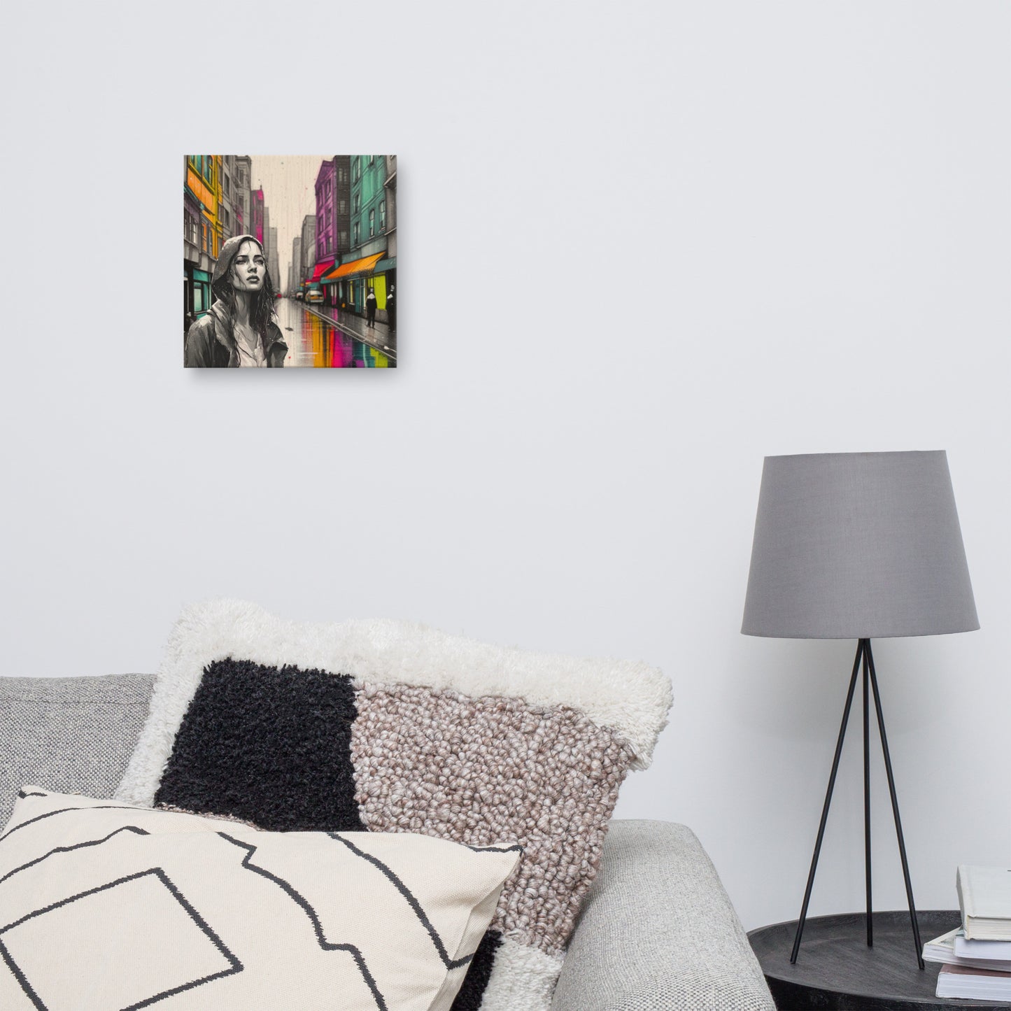 Canvas art titled 'Urban Soul,' featuring a street scene with a woman in a raincoat under city lights, perfect for modern urban and atmospheric home decor.