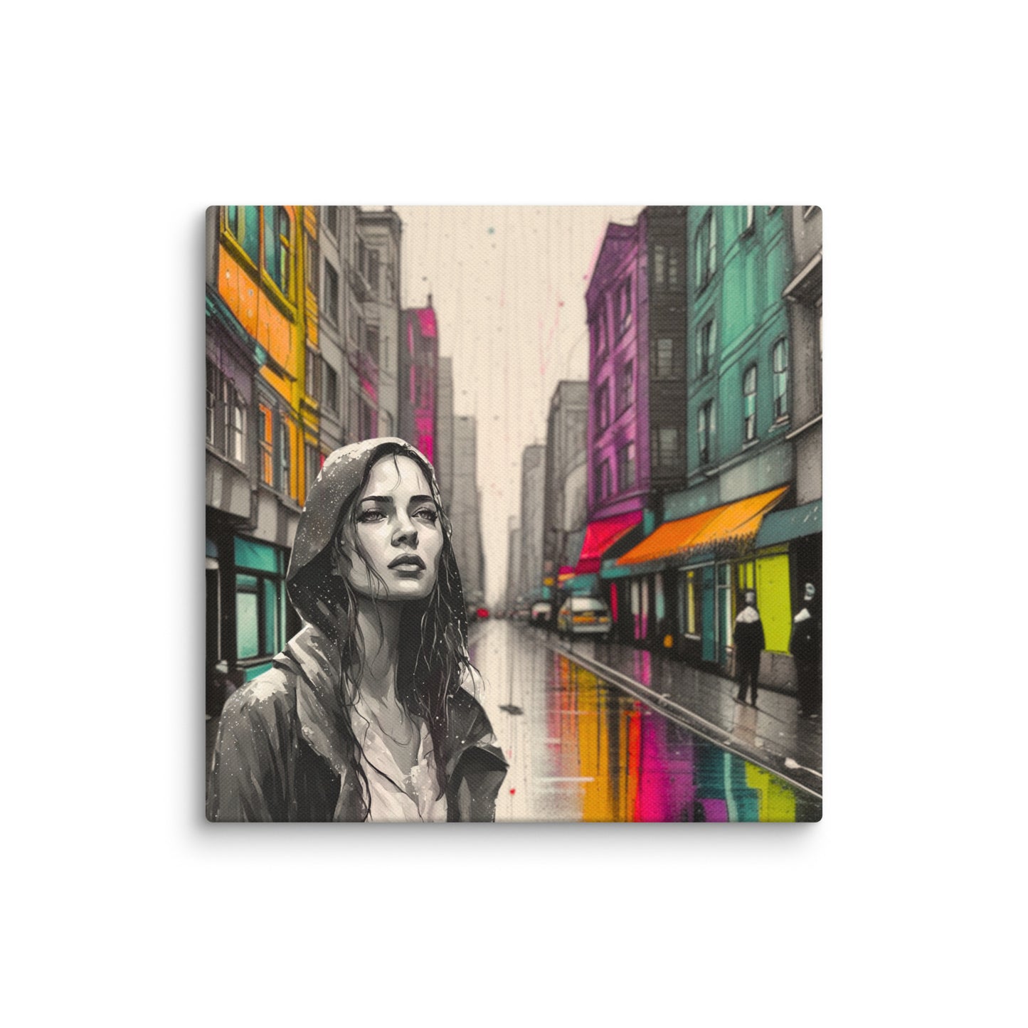 Canvas art titled 'Urban Soul,' featuring a street scene with a woman in a raincoat under city lights, perfect for modern urban and atmospheric home decor.