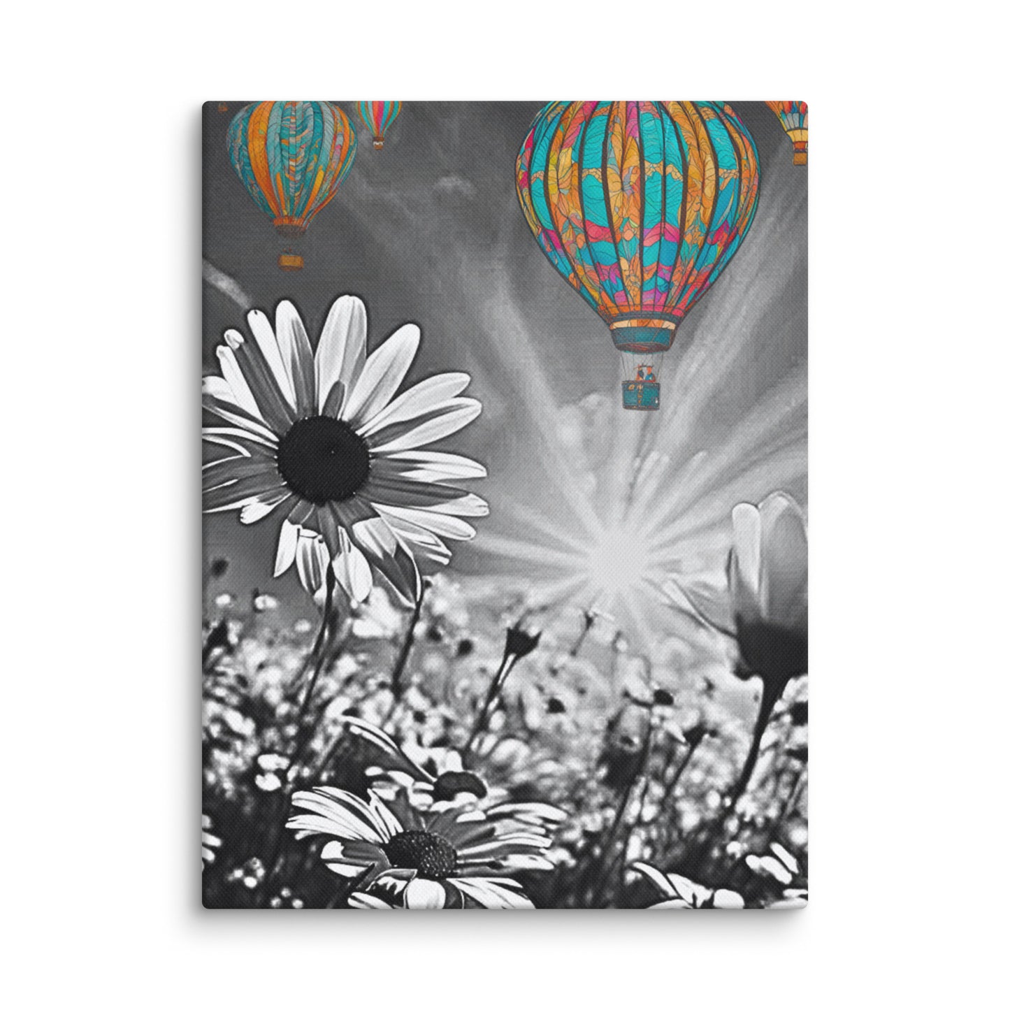 Vibrant colorful hot air balloons floating over a black and white daisy field. Unique contrast photography art print for modern and eclectic home decor.
