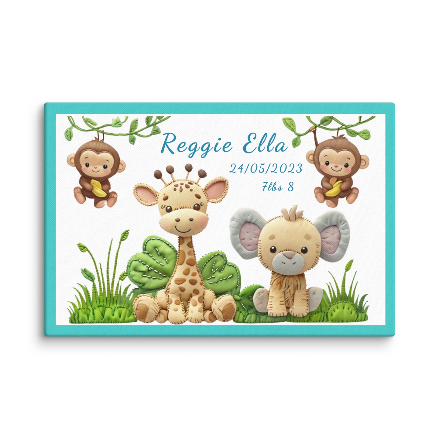 Personalized safari animal nursery canvas art. Features a cute giraffe, elephant, and monkeys. Perfect baby shower gift with custom name and birth stats.