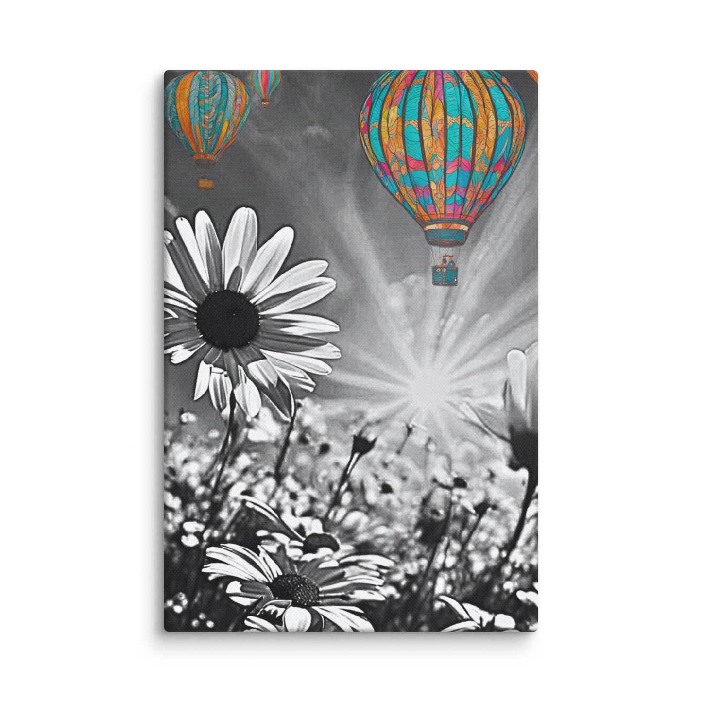 Vibrant colorful hot air balloons floating over a black and white daisy field. Unique contrast photography art print for modern and eclectic home decor.
