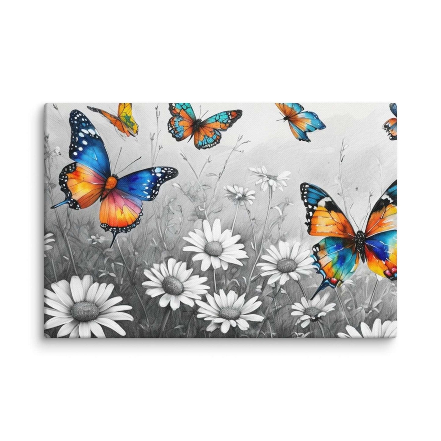 Stretched "{{product-type}}" with vibrant, colourful butterflies flying over a black and white field of daisies. The "{{title}}" design is a beautiful piece of nature-inspired wall art.