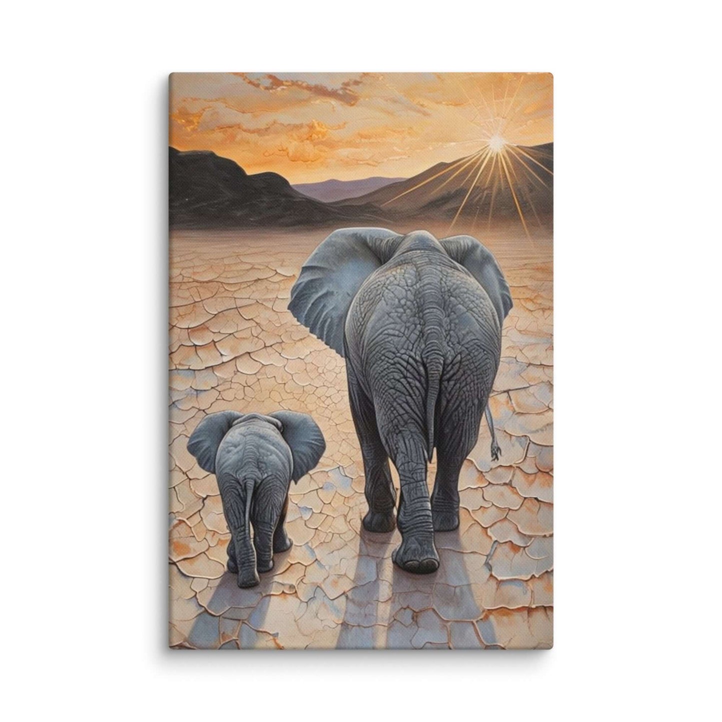 Stretched "{{product-type}}" with a mother and baby elephant at sunset, symbolising motherhood and family. The "{{title}}" design is ideal for nursery art.