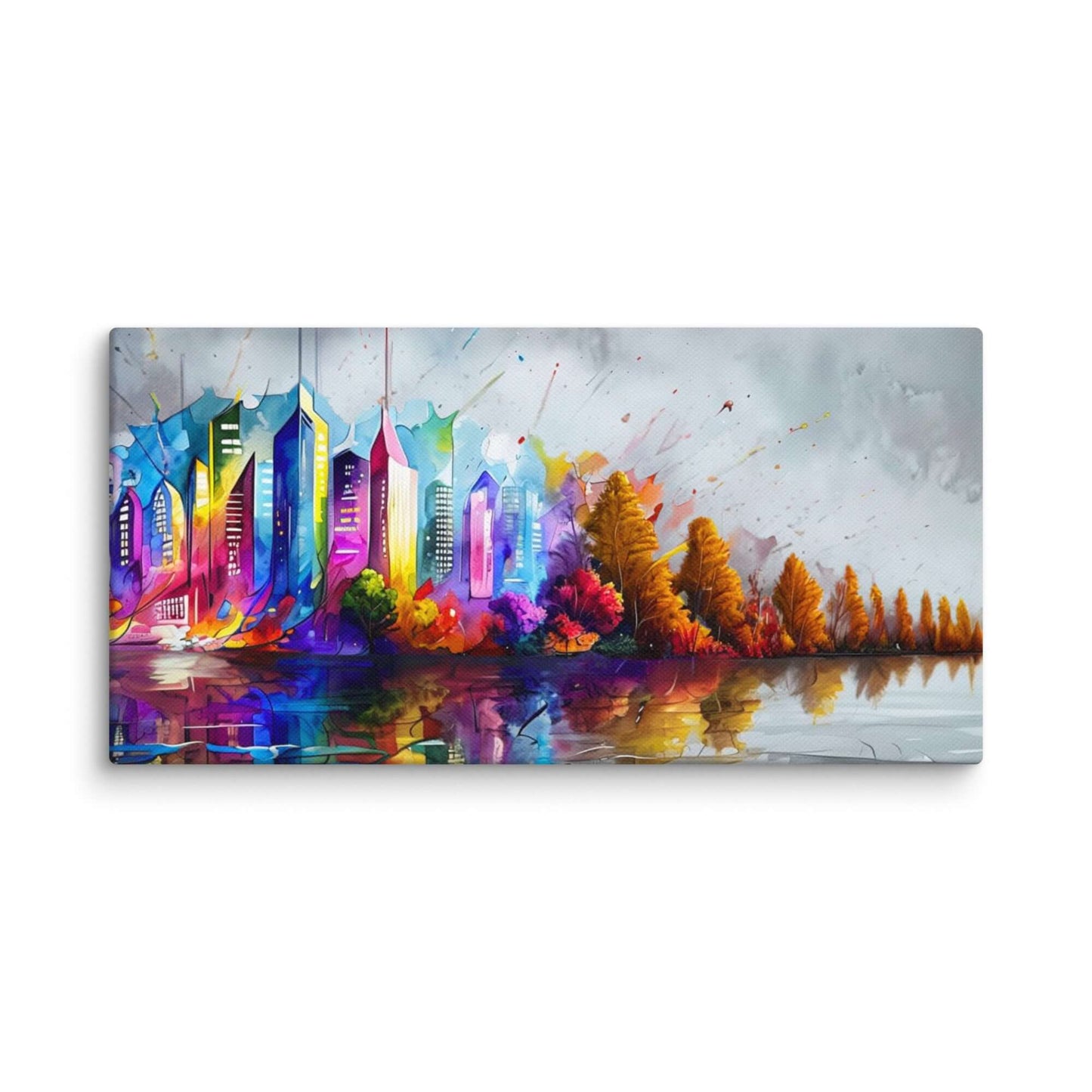 Stretched "{{product-type}}" with a colourful abstract cityscape and autumn trees reflected in water. The "{{title}}" design is a vibrant piece of modern wall art.