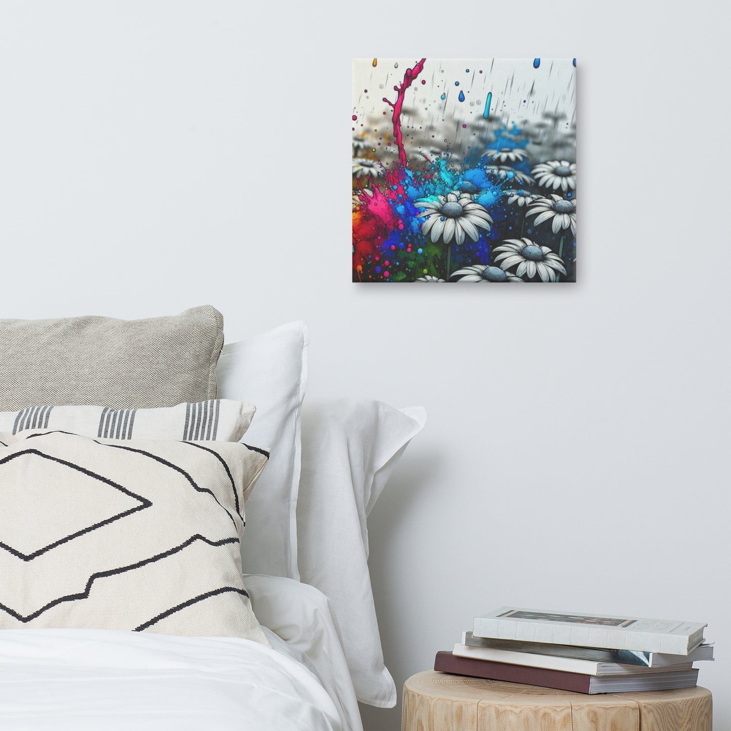 Canvas art titled 'Color Burst Daisy,' featuring an abstract daisy flower with vibrant, colorful brushstrokes, perfect for bold and modern home decor.