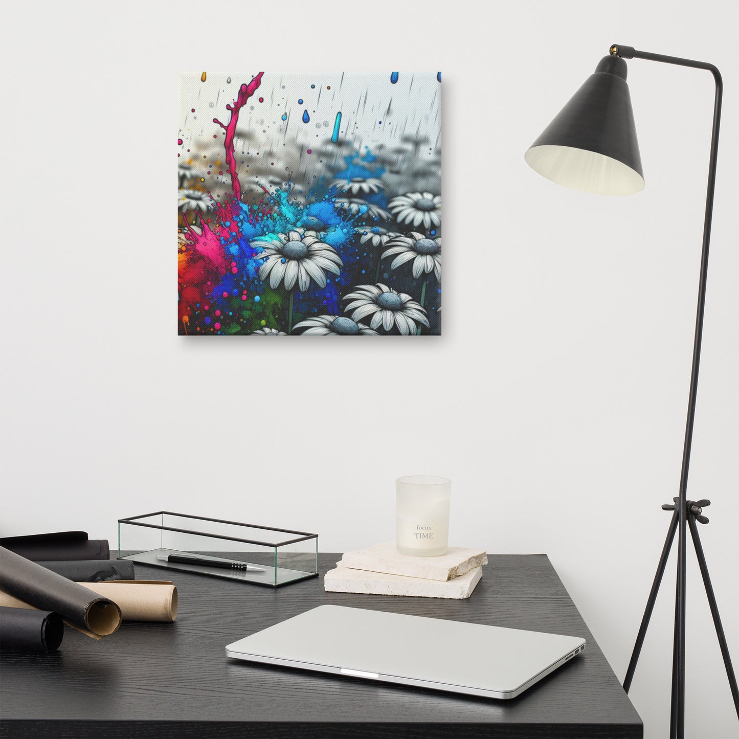 Canvas art titled 'Color Burst Daisy,' featuring an abstract daisy flower with vibrant, colorful brushstrokes, perfect for bold and modern home decor.