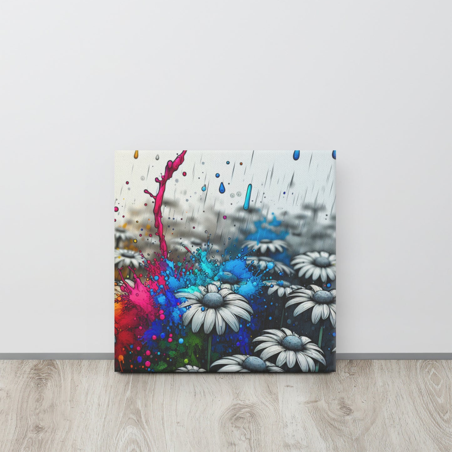 Canvas art titled 'Color Burst Daisy,' featuring an abstract daisy flower with vibrant, colorful brushstrokes, perfect for bold and modern home decor.