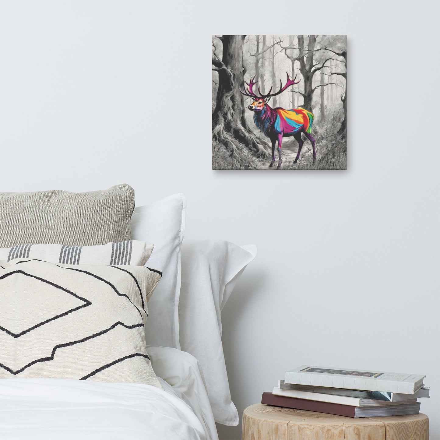 Canvas art titled 'Vibrant Stag,' featuring a colorful deer in a lush forest setting, perfect for nature-inspired and bold home decor.